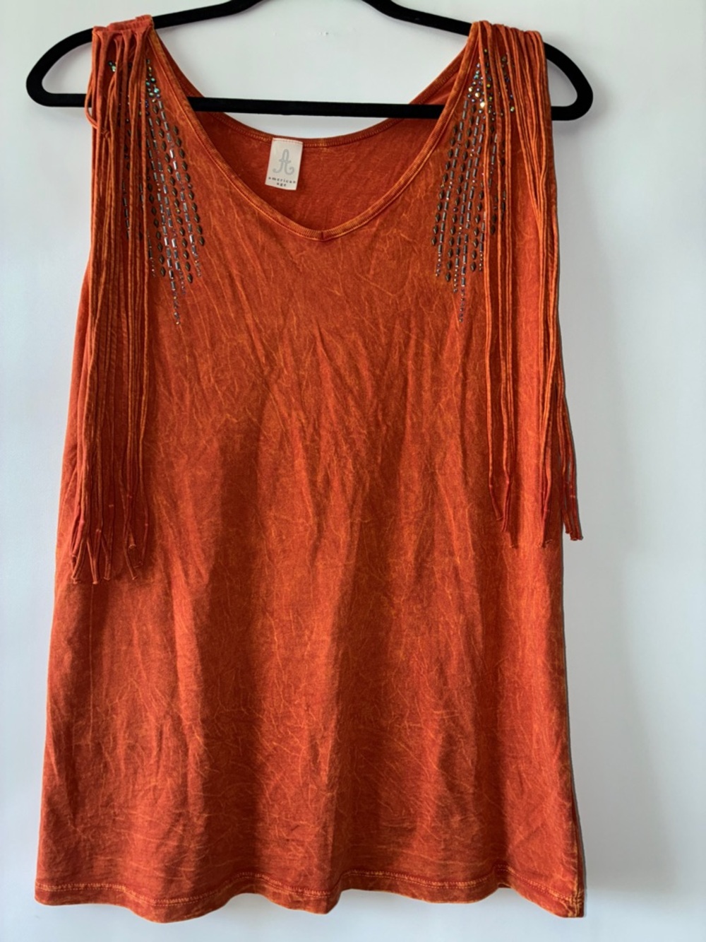 American Age Embellished Orange Fringe Tank with Stud Accents